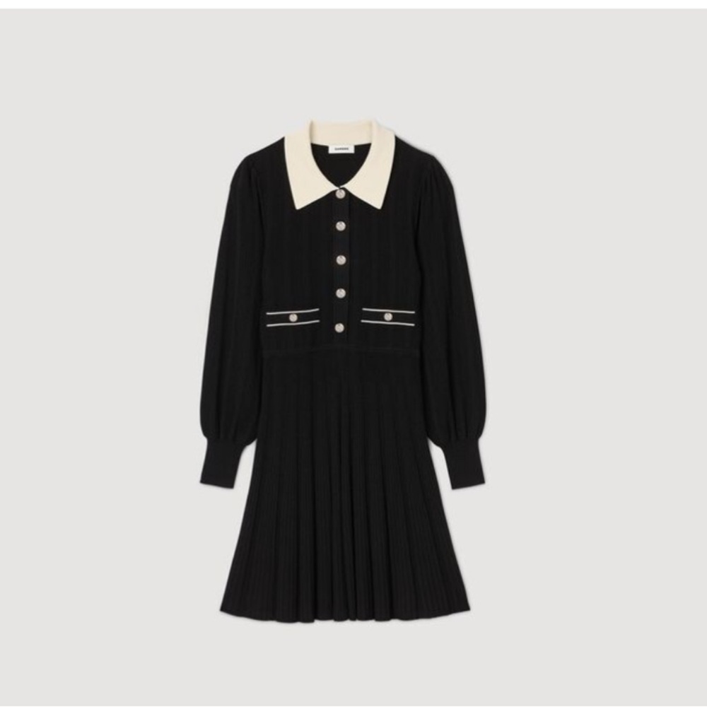 Sandro Pleated knit dress Black and White Collared Dress with button detailing